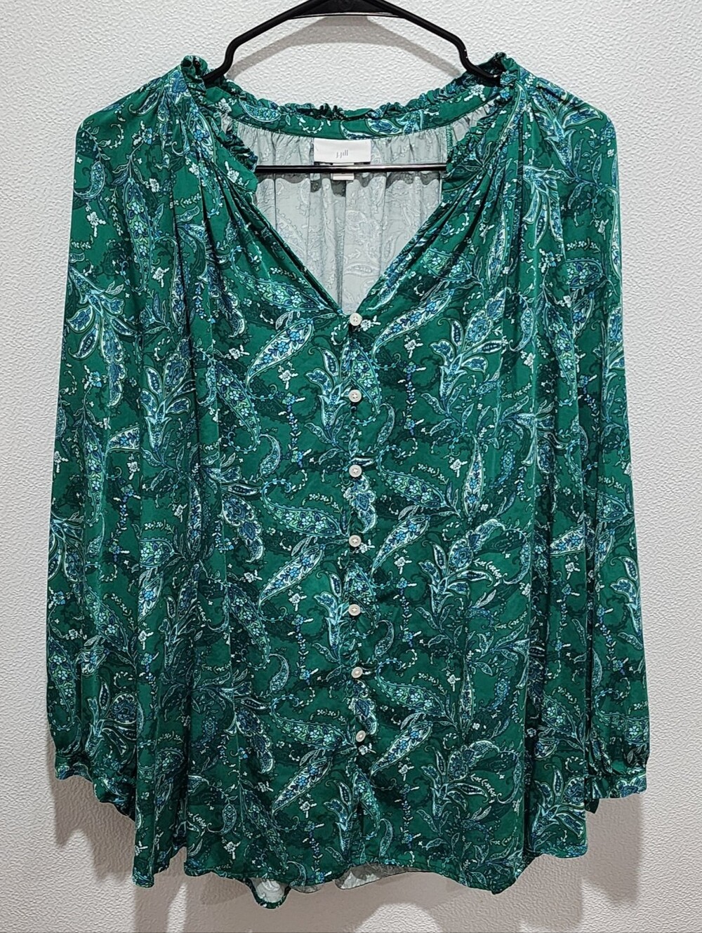 J Jill Top Blouse Green Paisley Button up Size 2X Boho Button Cuffs Viscose